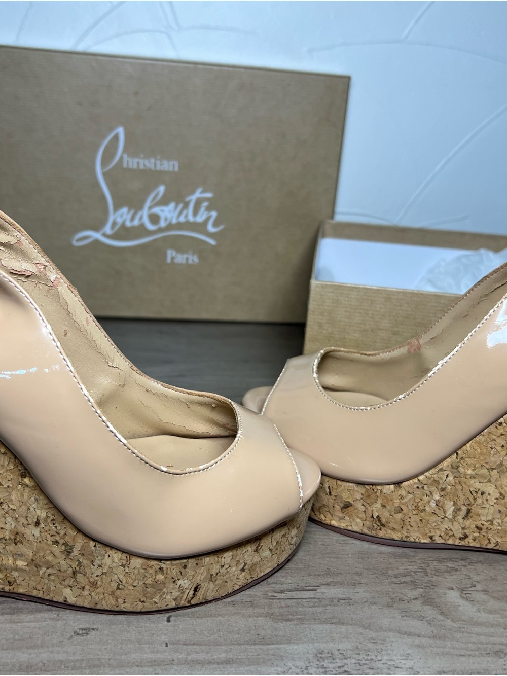 Christian Louboutin Nude Patent Cork Platform Peep-Toe Wedges 37